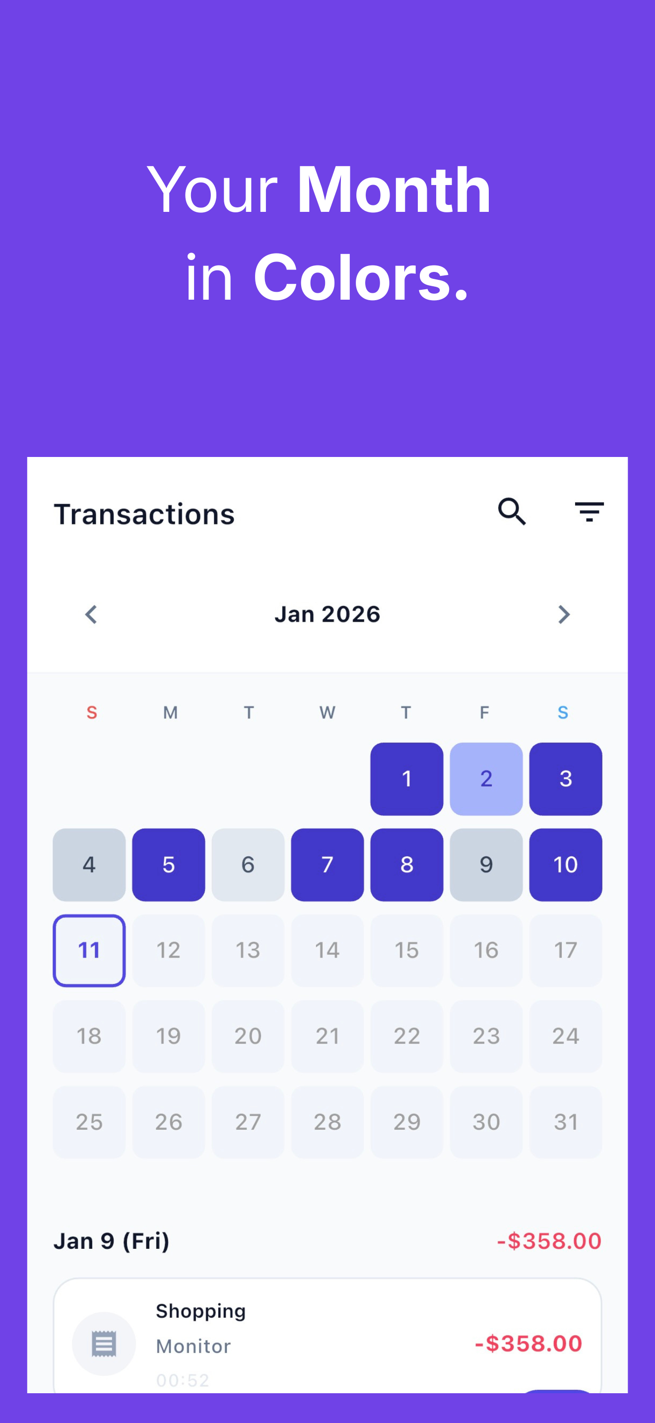 Transactions screen - Pace calendar